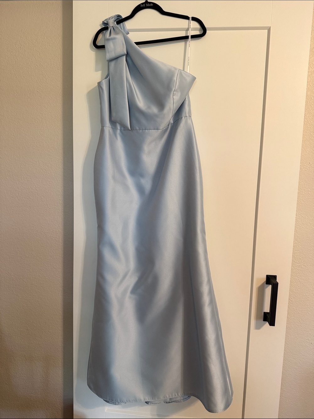 ALFRED SUNG One-Shoulder Satin Gown in Light Blue